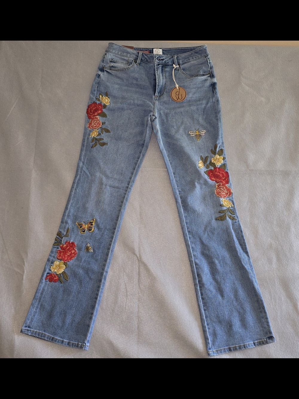 DRIFTWOOD Light Blue Boot Cut Jeans Size 8 with Floral & Butterfly Embroidery
